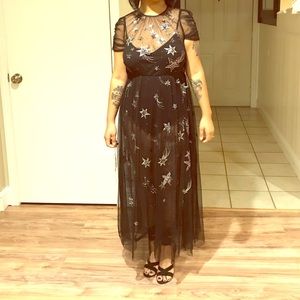 EXPRESS long sheer black gown with sequin stars